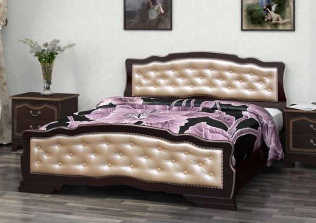 Кровать двуспальная Карина-10 (СМ 160х200) с элементами светлой экокожи, без основания с универсальн ( 160х200 , дерево/МДФ , орех темный , без подъемного мех. , без ящиков , без матраса (Браво-мебель) )