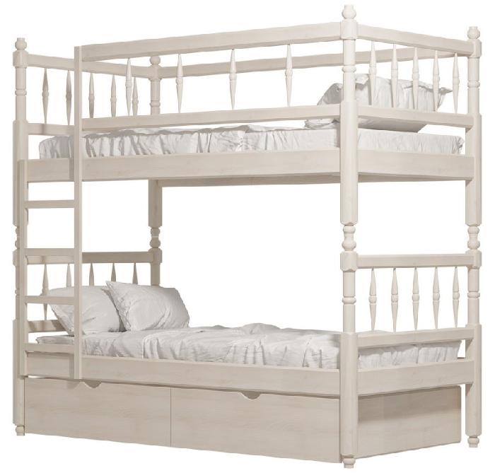 Кровать двухъярусная №2 (СМ 80х190) с основанием ( 80х190 , дерево , выбеленное дерево , без подъемного мех. , ящики в комплекте , без матраса (Фант-мебель) )